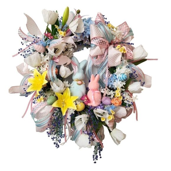 Spring Easter Wreath With Bunny Decorations Pastel Flowers & Ribbons 28" Diamete - Picture 3 of 7